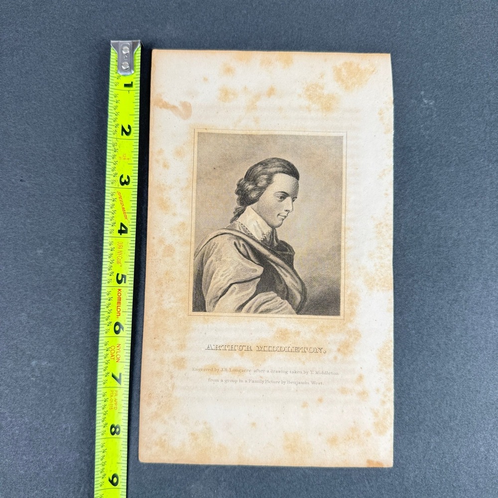 J.B. Longacre Arthur Middleton Engraved Portrait Print, Benjamin West Art 8.5x5" - Picture 2 of 5
